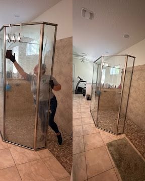 Before and after cleaning a glass shower enclosure in a Jacksonville bathroom