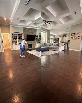Before and after mopping a large hardwood living room in a Jacksonville home