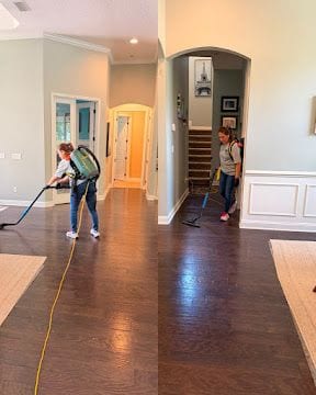 Cleaning Station 2 crew vacuuming and mopping hardwood floors in a Jacksonville house